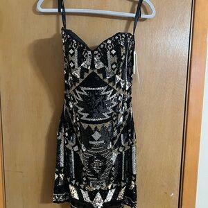 Scala Black & Gold Sequin Strapless Dress